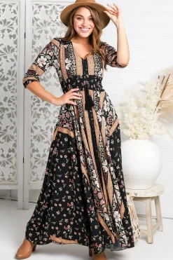 Indiana Maxi Dress - Lace Back Shirred Waist A Line Dress with Handkerchief Hemline in Eternity Print><noscript><img width=