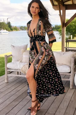 Indiana Maxi Dress - Lace Back Shirred Waist A Line Dress with Handkerchief Hemline in Eternity Print><noscript><img width=