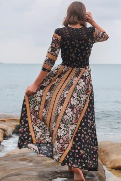 Indiana Maxi Dress - Lace Back Shirred Waist A Line Dress with Handkerchief Hemline in Eternity Print><noscript><img width=