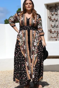 Indiana Maxi Dress - Lace Back Shirred Waist A Line Dress with Handkerchief Hemline in Eternity Print><noscript><img width=