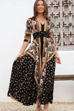 Indiana Maxi Dress - Lace Back Shirred Waist A Line Dress with Handkerchief Hemline in Eternity Print><noscript><img width=