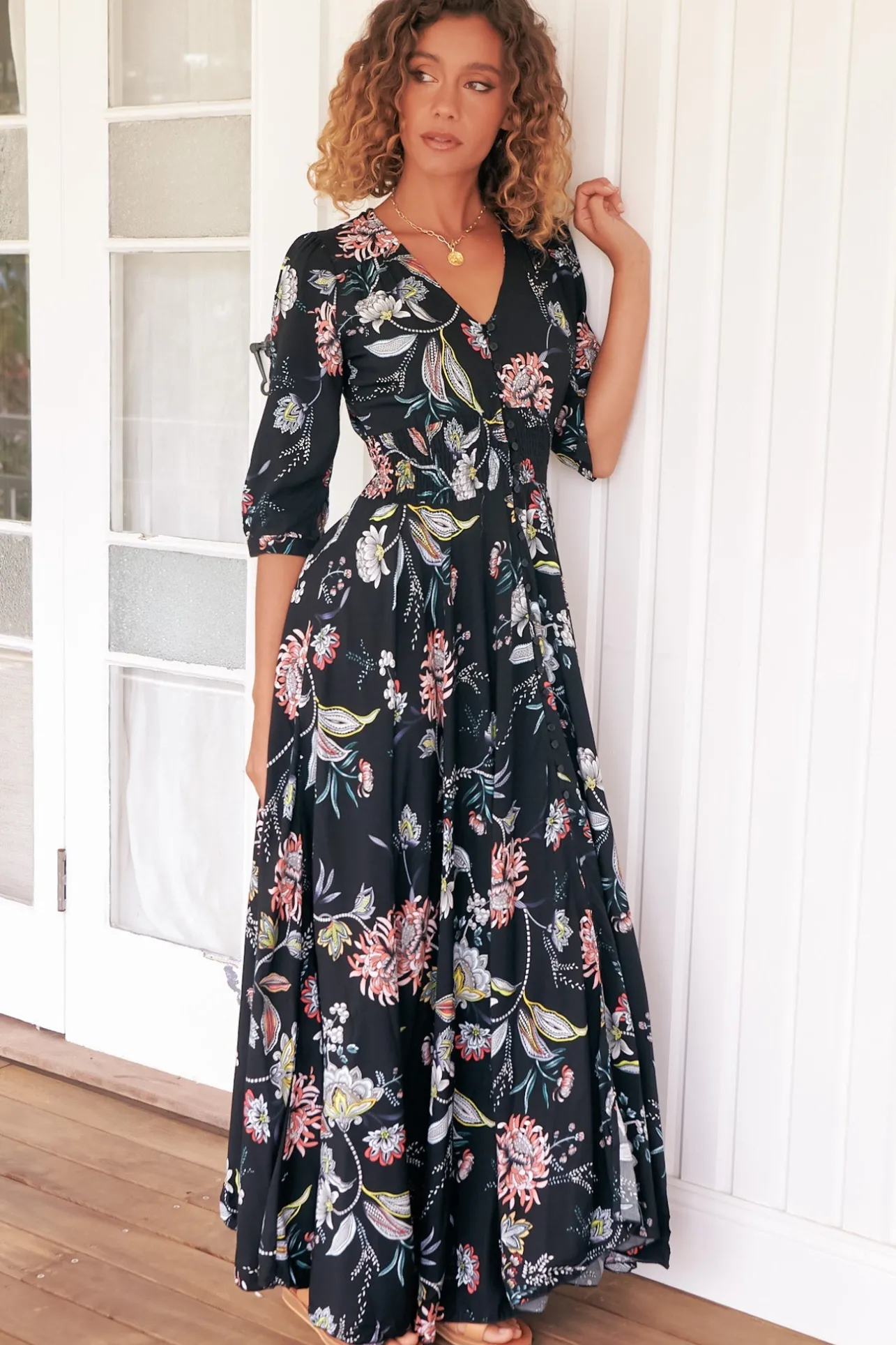 Indiana Maxi Dress - Lace Back Shirred Waist A Line Dress with Handkerchief Hemline in Under The Stars Print>Jaase Outlet