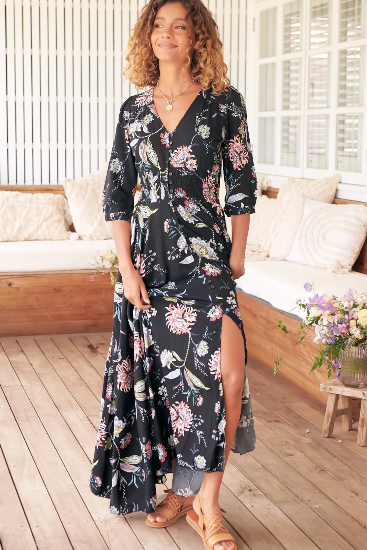 Indiana Maxi Dress - Lace Back Shirred Waist A Line Dress with Handkerchief Hemline in Under The Stars Print>Jaase Outlet