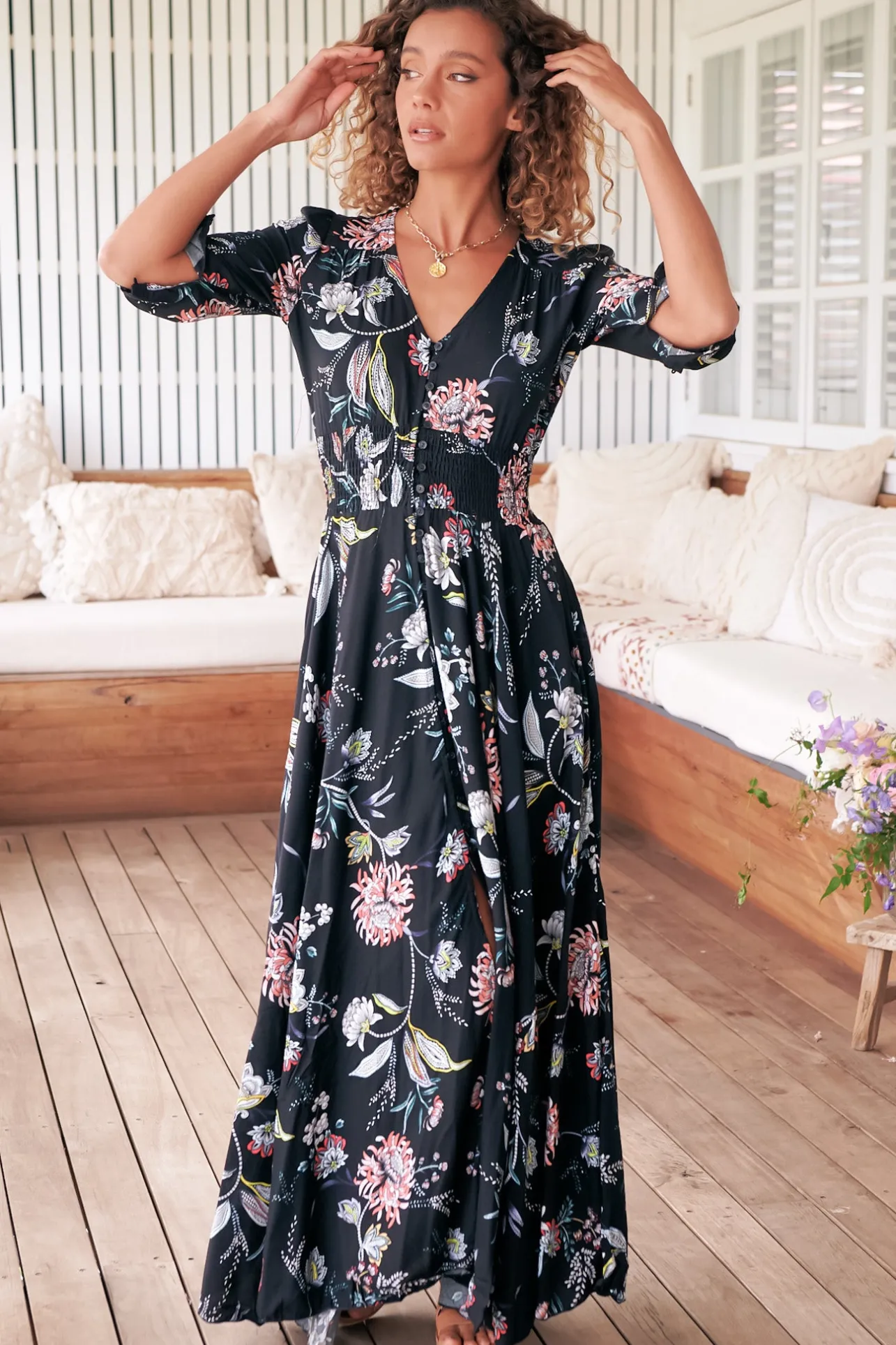 Indiana Maxi Dress - Lace Back Shirred Waist A Line Dress with Handkerchief Hemline in Under The Stars Print>Jaase Outlet