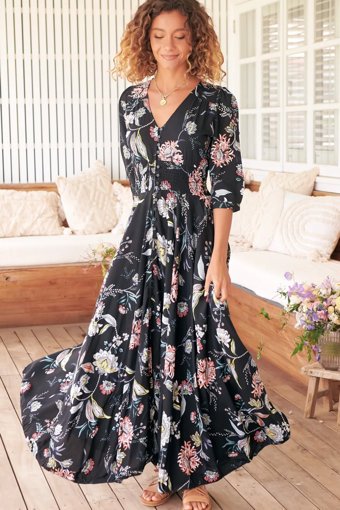 Indiana Maxi Dress - Lace Back Shirred Waist A Line Dress with Handkerchief Hemline in Under The Stars Print>Jaase Outlet