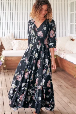Indiana Maxi Dress - Lace Back Shirred Waist A Line Dress with Handkerchief Hemline in Under The Stars Print><noscript><img width=