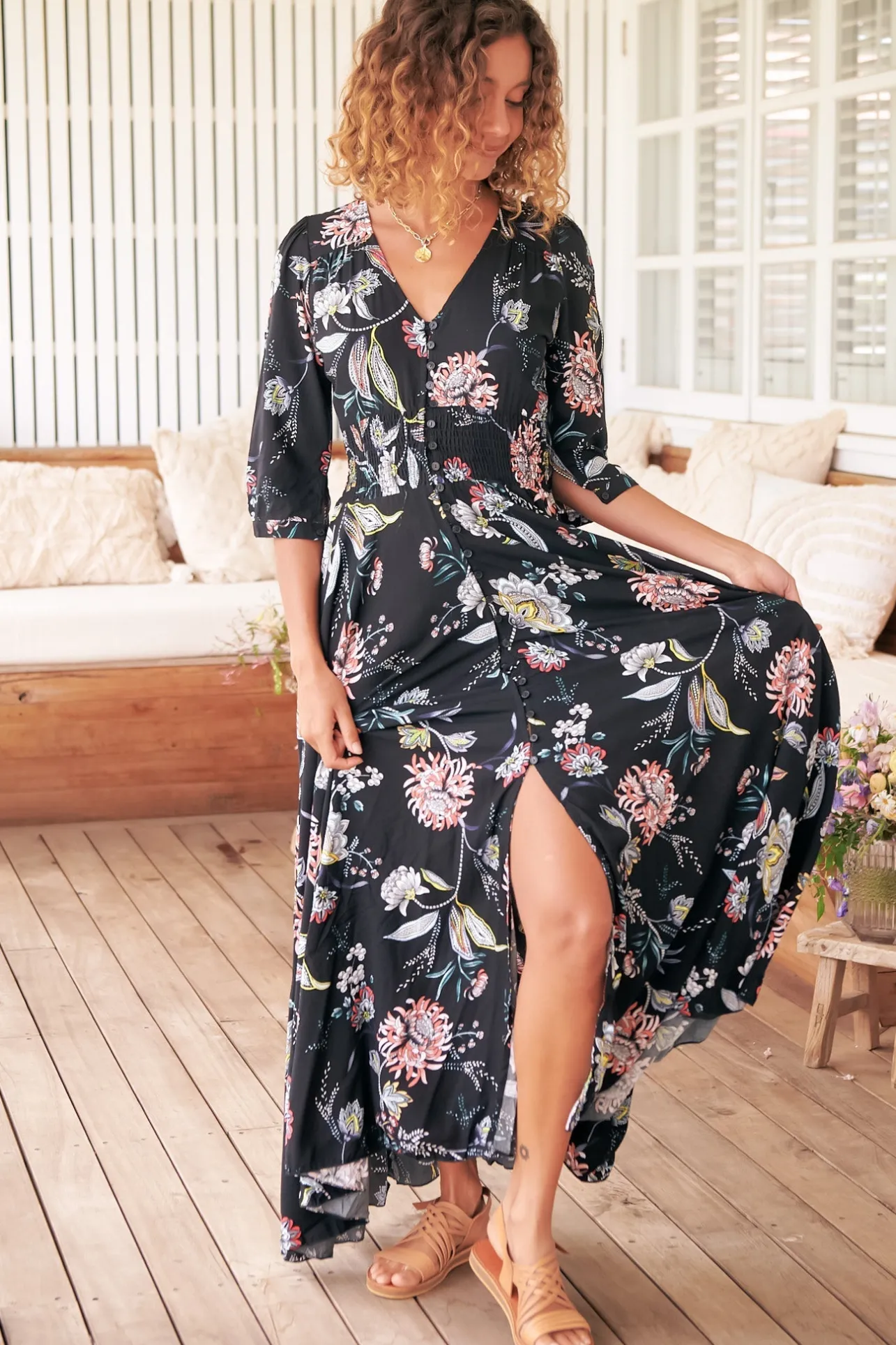 Indiana Maxi Dress - Lace Back Shirred Waist A Line Dress with Handkerchief Hemline in Under The Stars Print>Jaase Outlet