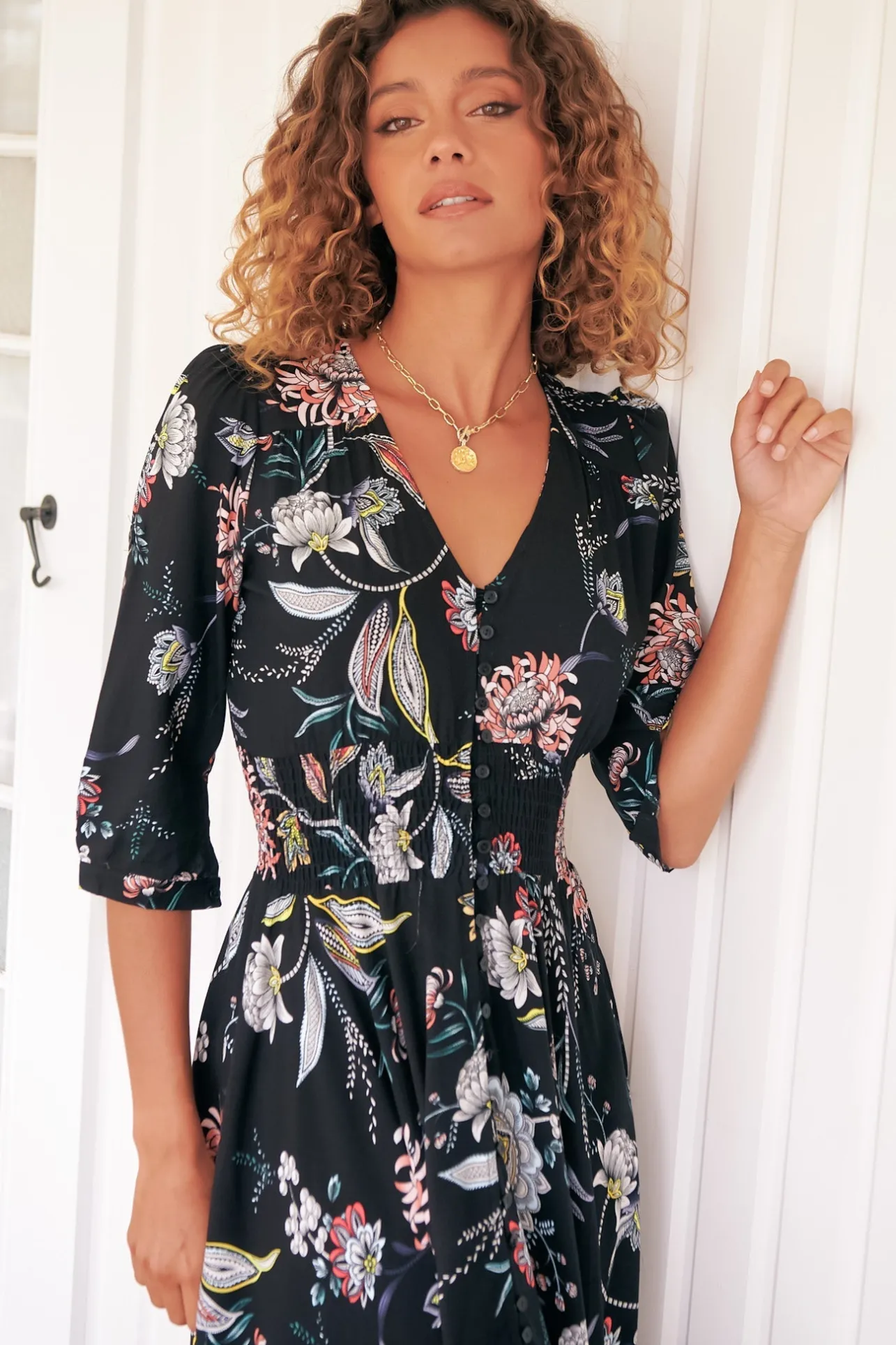 Indiana Maxi Dress - Lace Back Shirred Waist A Line Dress with Handkerchief Hemline in Under The Stars Print>Jaase Outlet