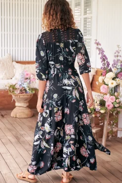 Indiana Maxi Dress - Lace Back Shirred Waist A Line Dress with Handkerchief Hemline in Under The Stars Print><noscript><img width=