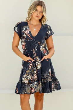 Indigo Mini Dress - Butterfly Cap Sleeve Button Down Dress With Pockets>Jaase Outlet