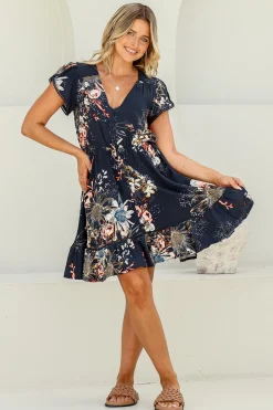 Indigo Mini Dress - Butterfly Cap Sleeve Button Down Dress With Pockets><noscript><img width=