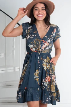 Indigo Mini Dress - Butterfly Cap Sleeve Button Down Dress With Pockets><noscript><img width=