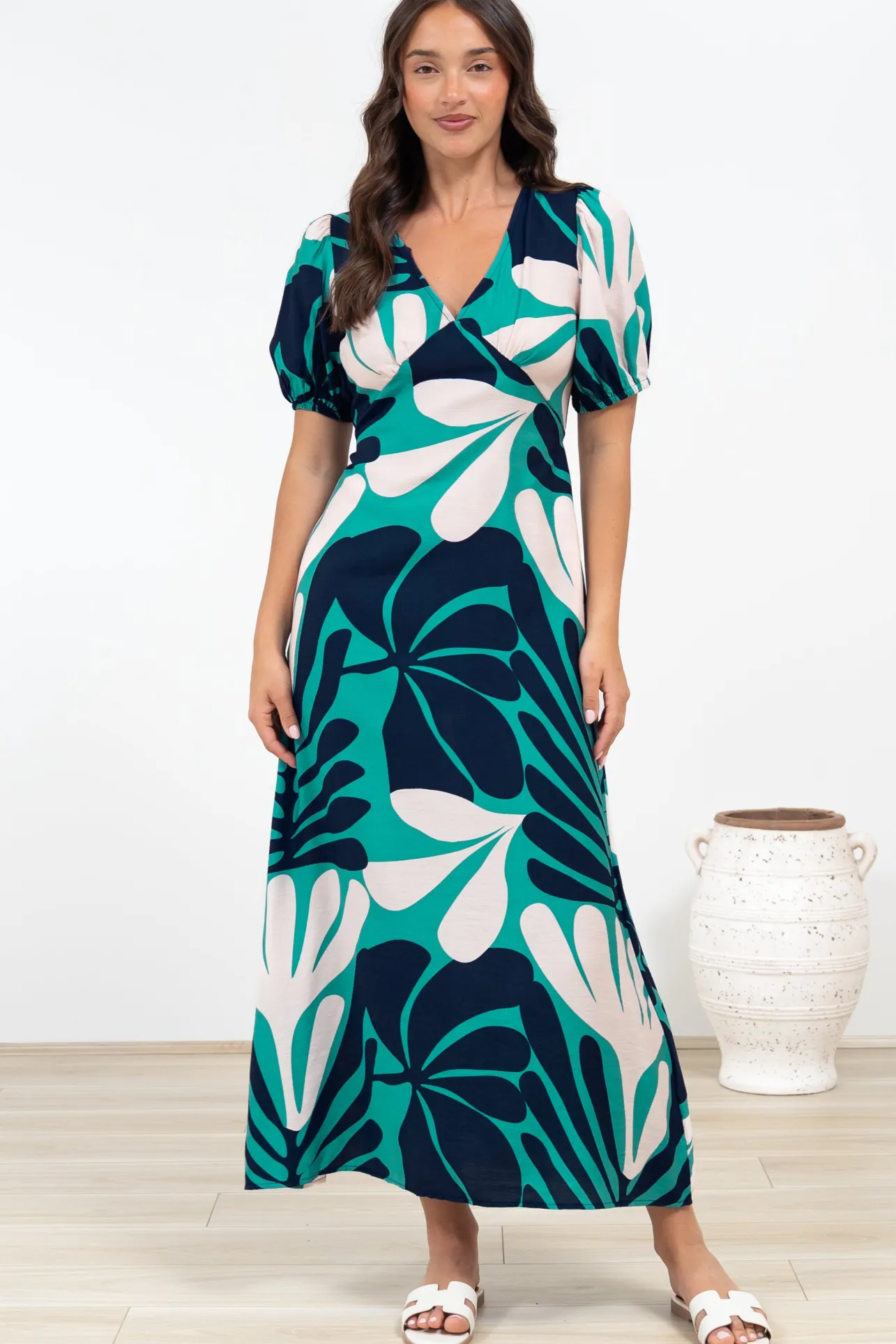 Ione Maxi Dress - V-Neck Empire Line Dress with Waist Tie in Mystic Print>Salty Crush New