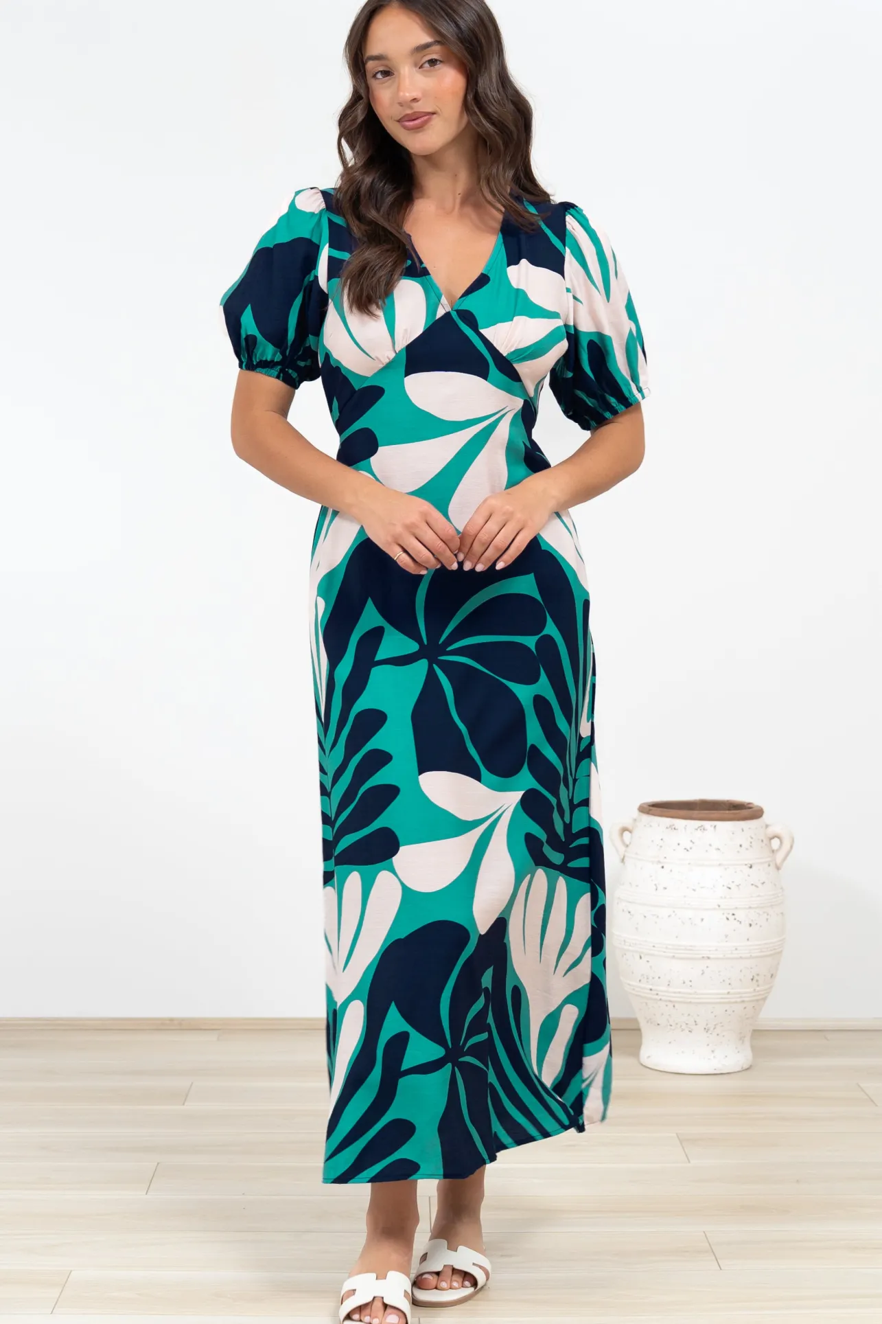 Ione Maxi Dress - V-Neck Empire Line Dress with Waist Tie in Mystic Print>Salty Crush New