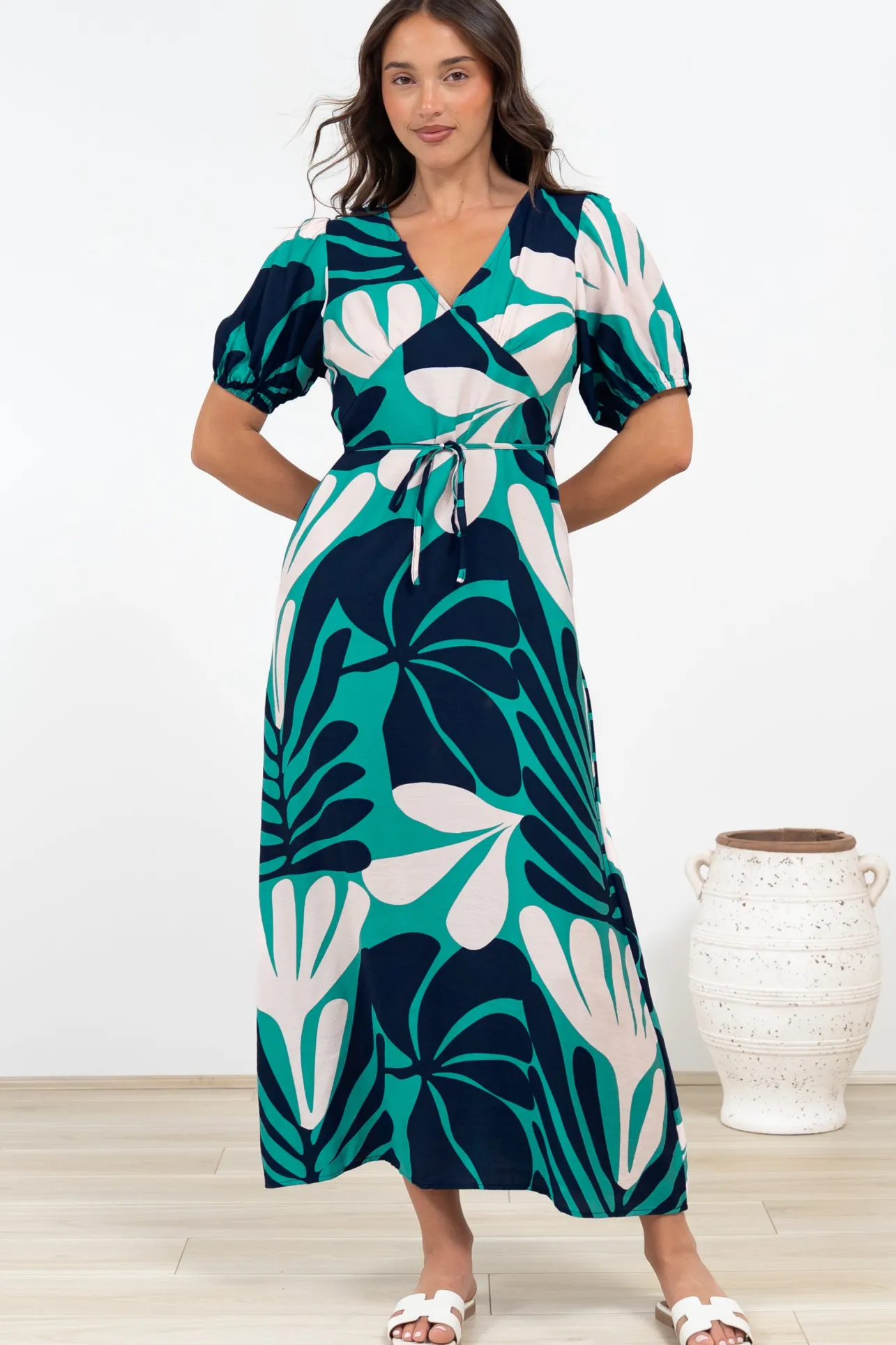 Ione Maxi Dress - V-Neck Empire Line Dress with Waist Tie in Mystic Print>Salty Crush New