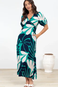 Ione Maxi Dress - V-Neck Empire Line Dress with Waist Tie in Mystic Print><noscript><img width=