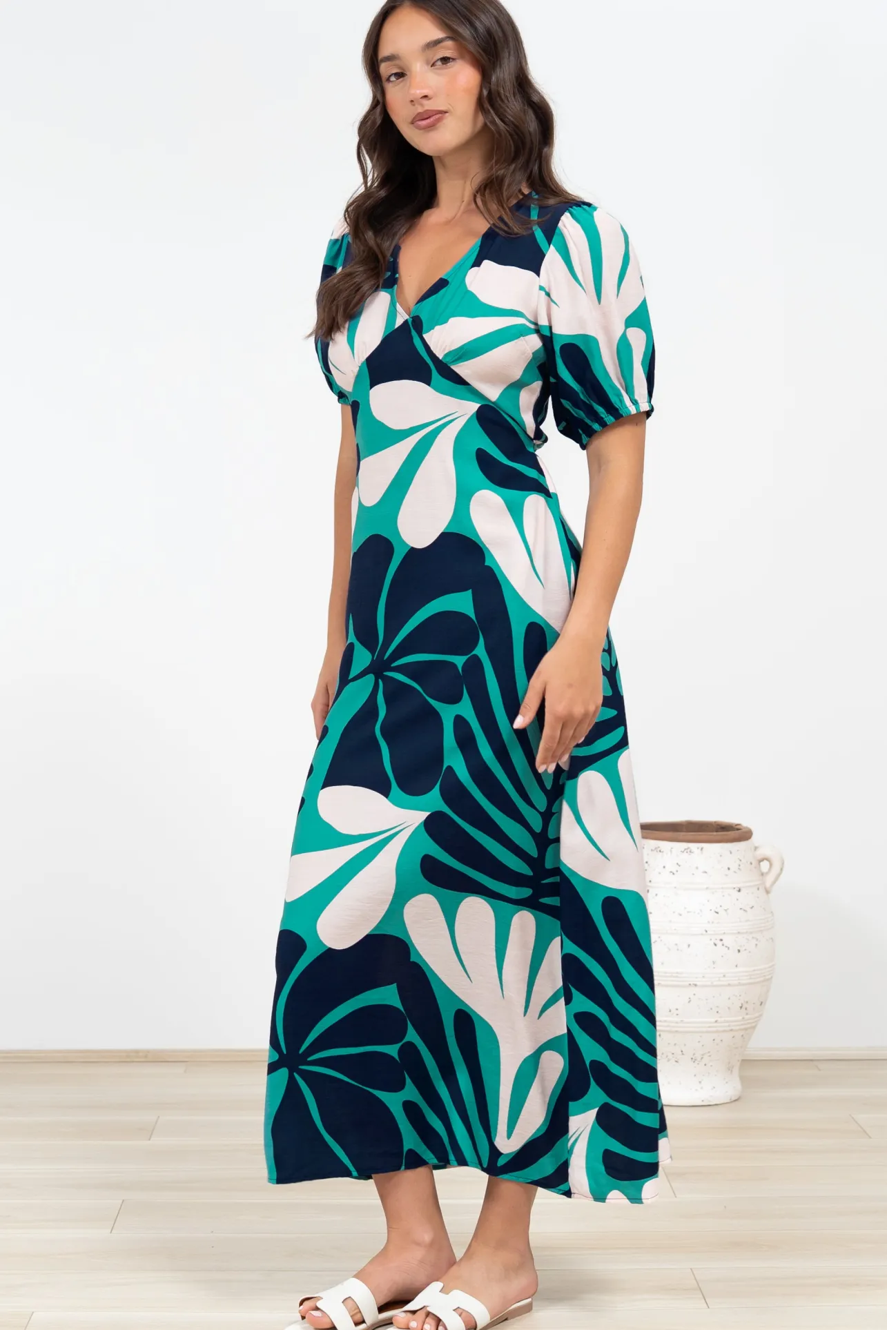 Ione Maxi Dress - V-Neck Empire Line Dress with Waist Tie in Mystic Print>Salty Crush New