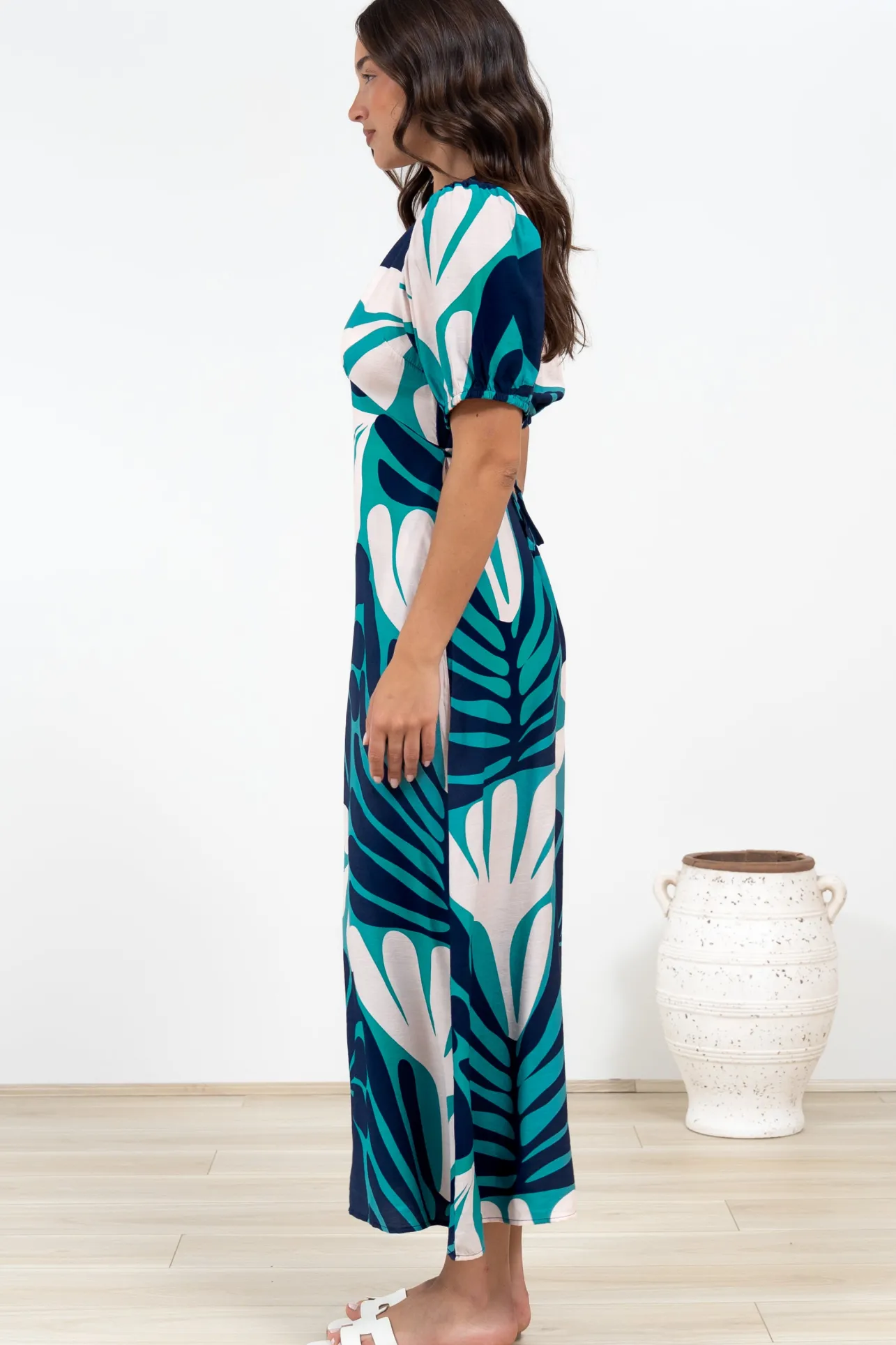 Ione Maxi Dress - V-Neck Empire Line Dress with Waist Tie in Mystic Print>Salty Crush New