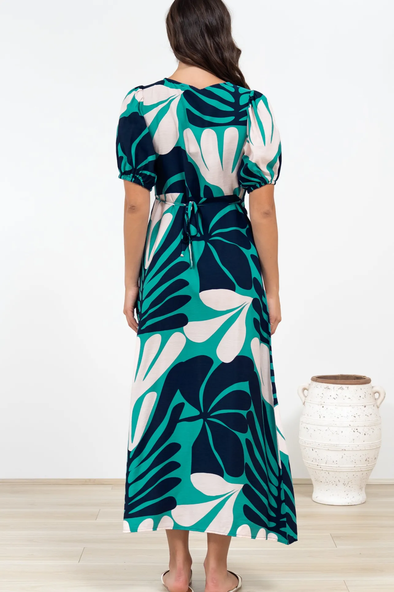 Ione Maxi Dress - V-Neck Empire Line Dress with Waist Tie in Mystic Print>Salty Crush New