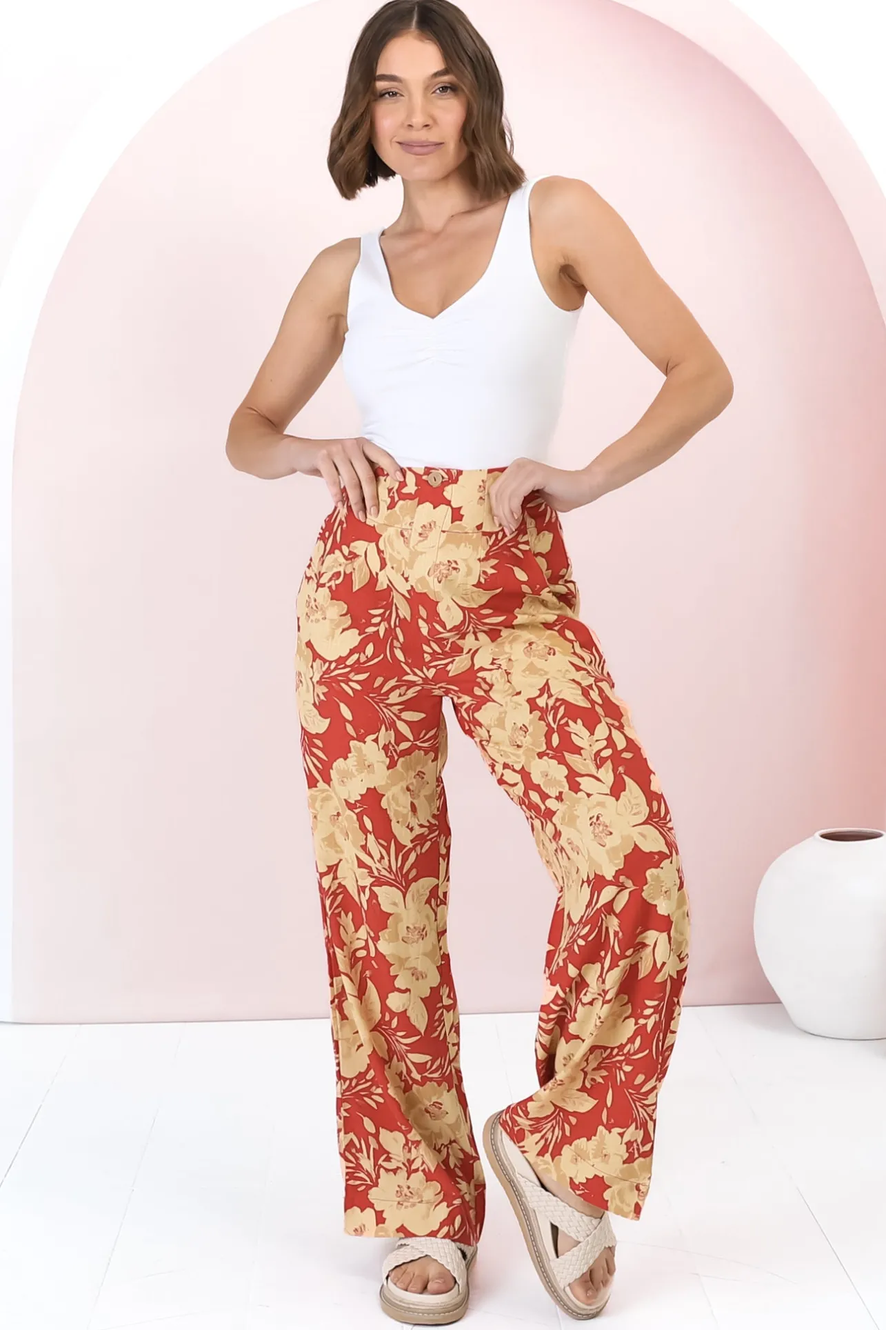 Ione Pants - Fitted High Waisted Wide Leg Pants in Mistle Print>Salty Crush Clearance