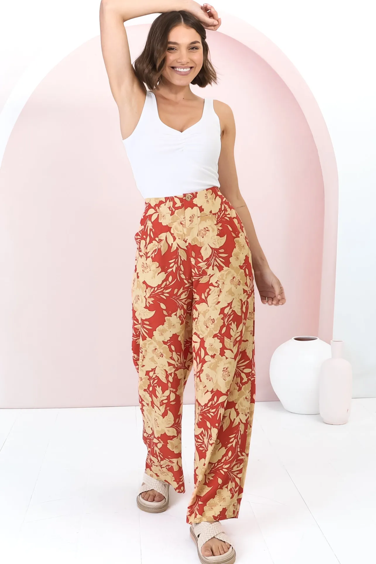 Ione Pants - Fitted High Waisted Wide Leg Pants in Mistle Print>Salty Crush Clearance
