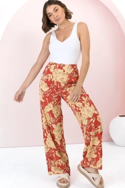 Ione Pants - Fitted High Waisted Wide Leg Pants in Mistle Print><noscript><img width=