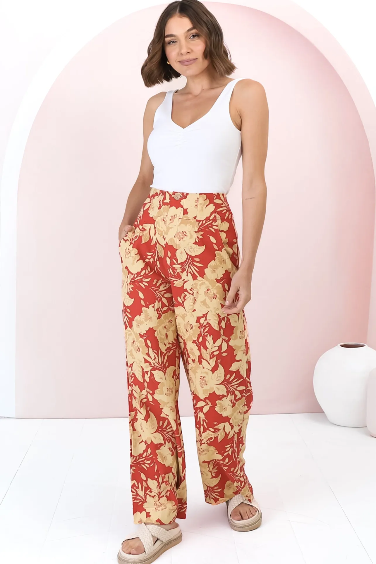 Ione Pants - Fitted High Waisted Wide Leg Pants in Mistle Print>Salty Crush Clearance