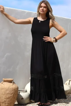 Irene Maxi Dress - Sleeveless Shirred Bodice Dress with Lace Inserts in Black>Salty Crush Hot
