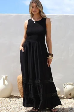 Irene Maxi Dress - Sleeveless Shirred Bodice Dress with Lace Inserts in Black><noscript><img width=