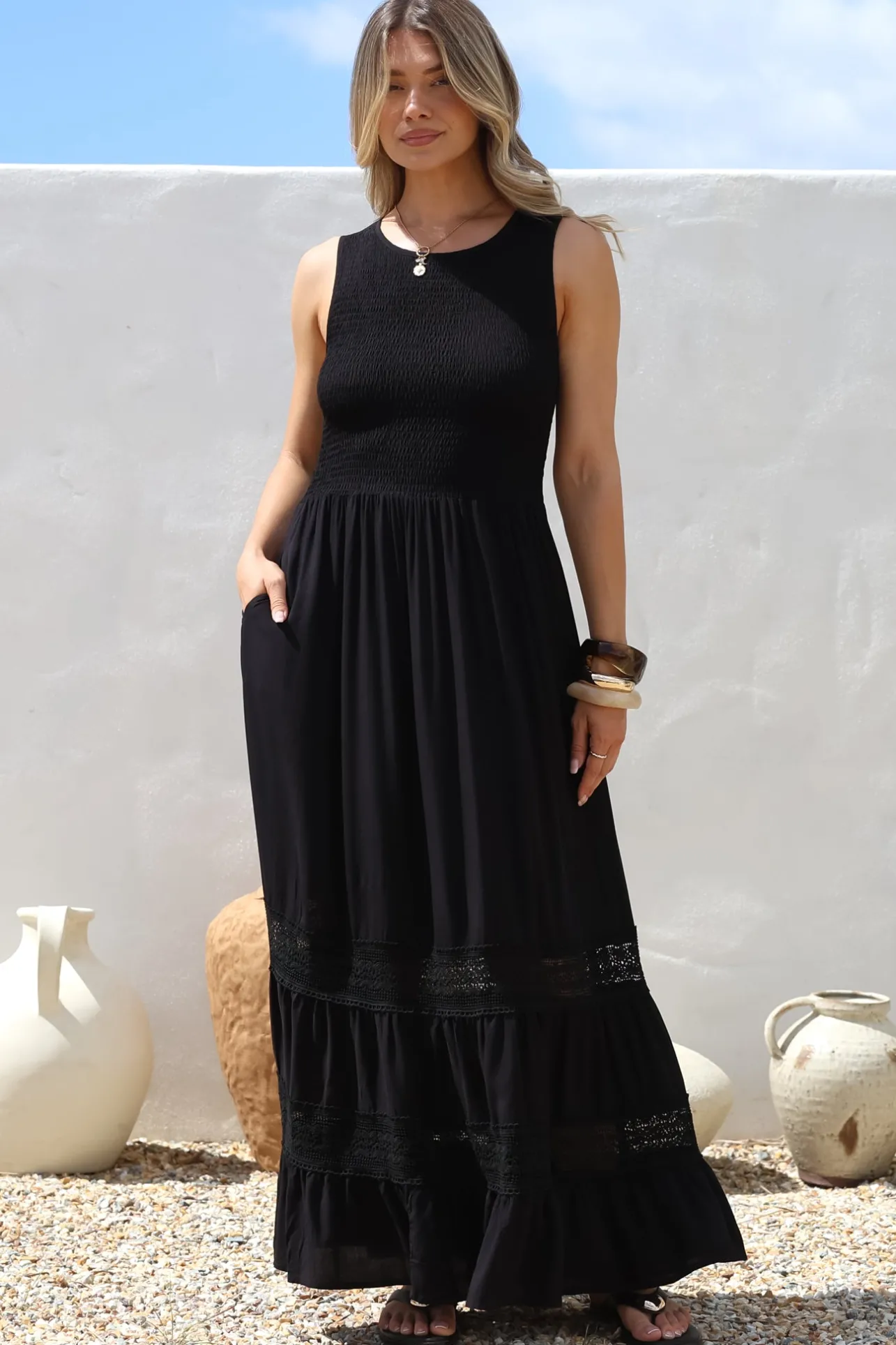 Irene Maxi Dress - Sleeveless Shirred Bodice Dress with Lace Inserts in Black>Salty Crush Hot