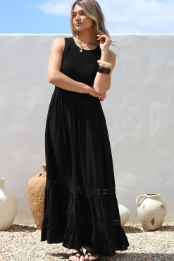 Irene Maxi Dress - Sleeveless Shirred Bodice Dress with Lace Inserts in Black><noscript><img width=