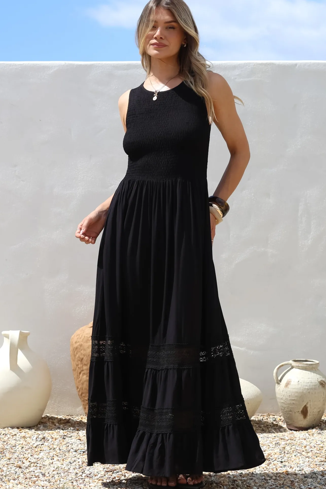 Irene Maxi Dress - Sleeveless Shirred Bodice Dress with Lace Inserts in Black>Salty Crush Hot