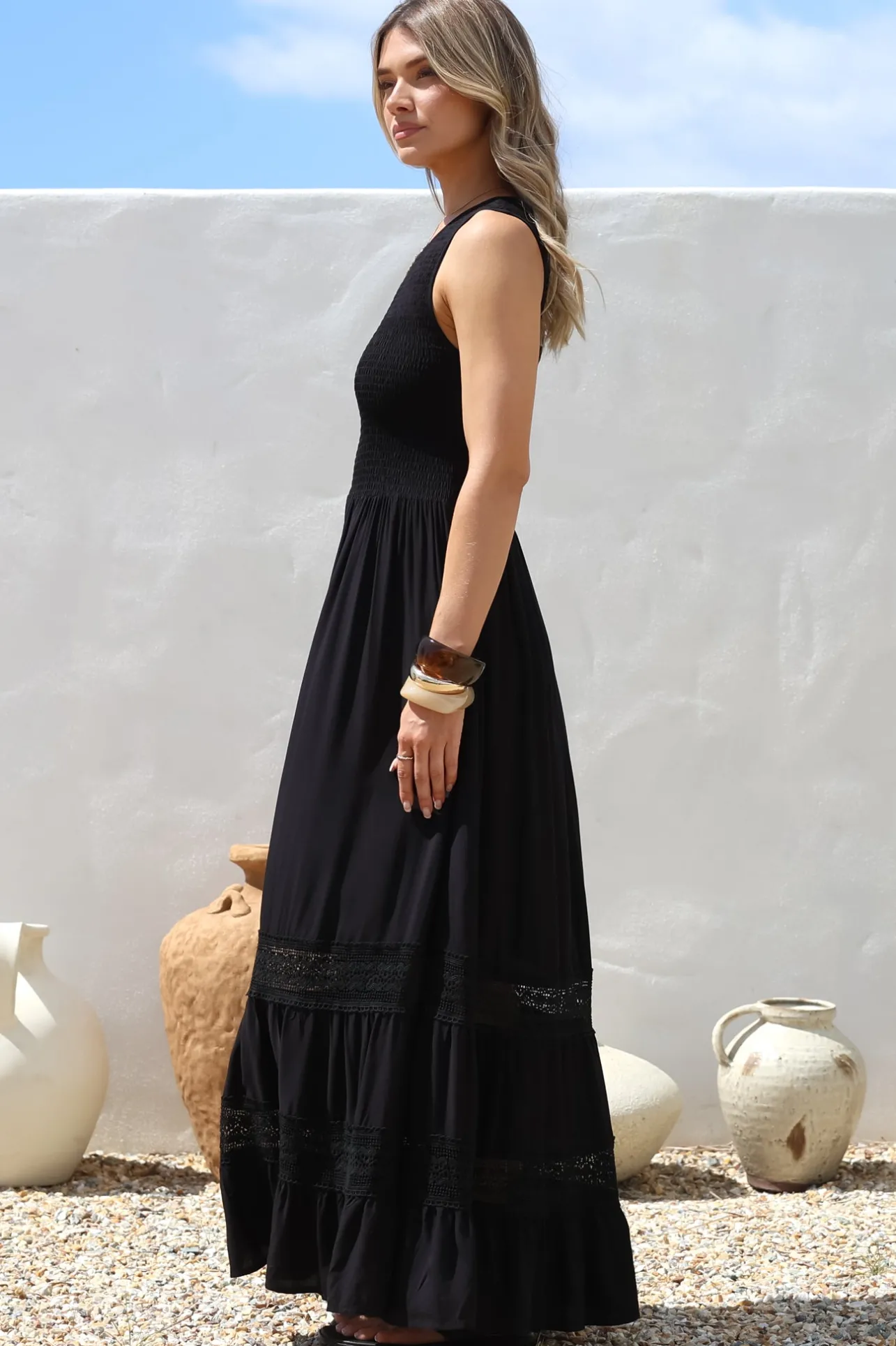 Irene Maxi Dress - Sleeveless Shirred Bodice Dress with Lace Inserts in Black>Salty Crush Hot