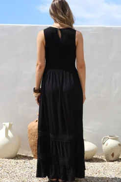 Irene Maxi Dress - Sleeveless Shirred Bodice Dress with Lace Inserts in Black><noscript><img width=