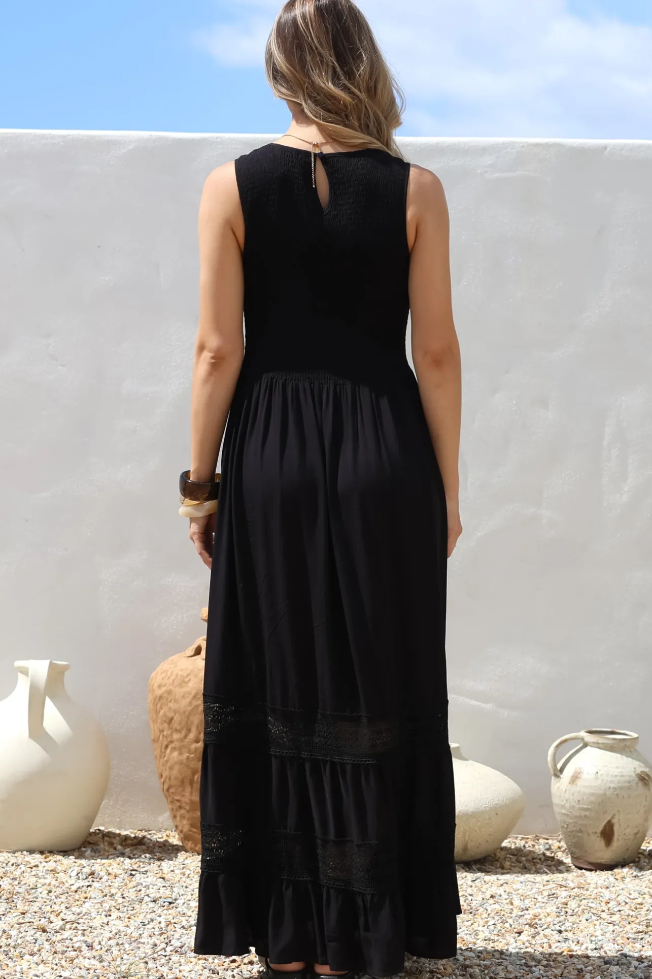 Irene Maxi Dress - Sleeveless Shirred Bodice Dress with Lace Inserts in Black>Salty Crush Hot