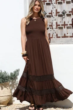 Irene Maxi Dress - Sleeveless Shirred Bodice Dress with Lace Inserts in Chocolate>Salty Crush