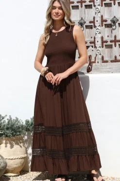 Irene Maxi Dress - Sleeveless Shirred Bodice Dress with Lace Inserts in Chocolate><noscript><img width=