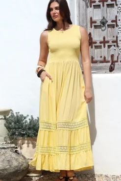 Irene Maxi Dress - Sleeveless Shirred Bodice Dress with Lace Inserts in Lemon><noscript><img width=