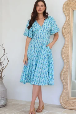 Irisa Midi Dress - Lace Trim V-Neck A-Line Dress with Balloon Sleeves in Pasha Print>Salty Crush Discount