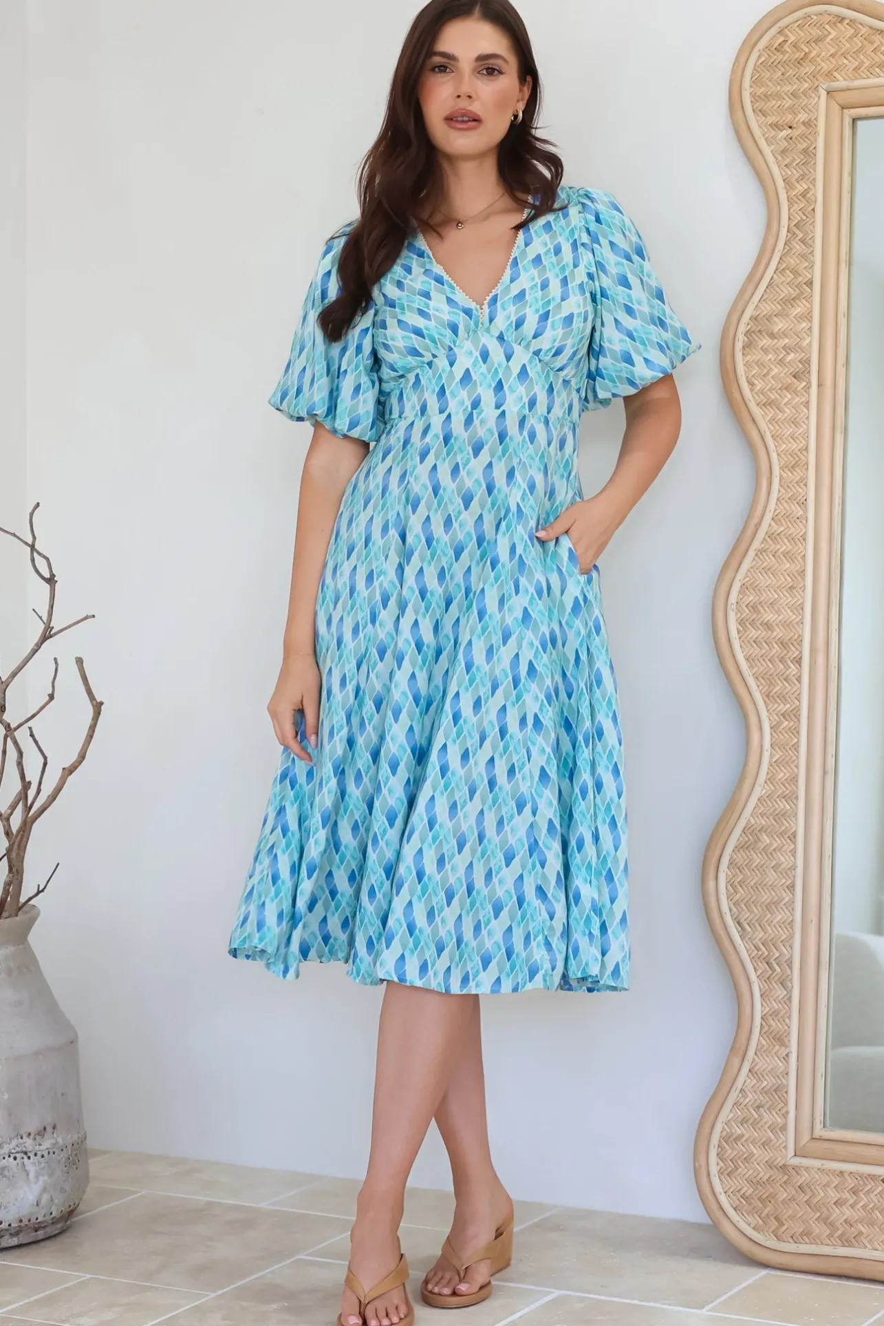 Irisa Midi Dress - Lace Trim V-Neck A-Line Dress with Balloon Sleeves in Pasha Print>Salty Crush Discount