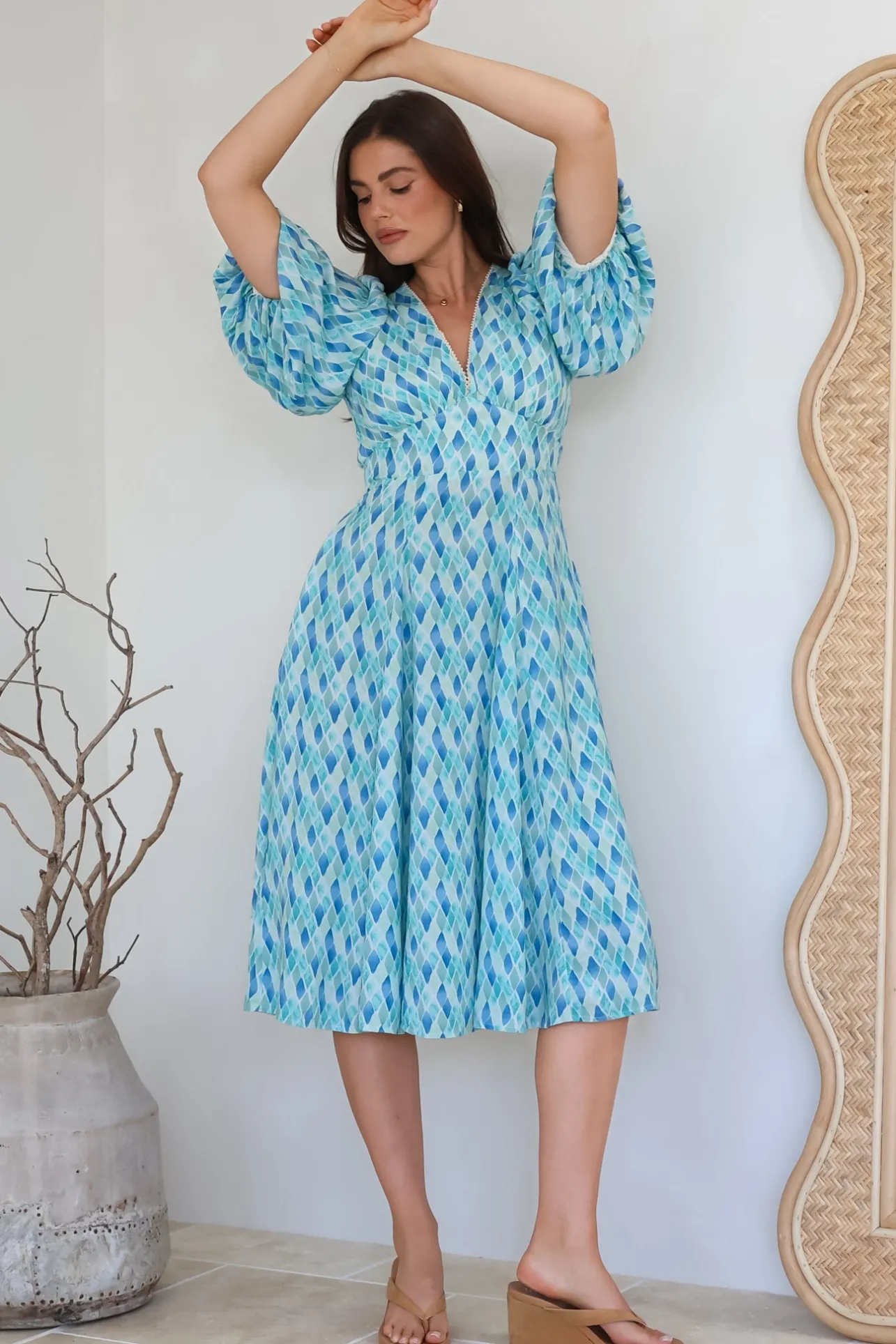 Irisa Midi Dress - Lace Trim V-Neck A-Line Dress with Balloon Sleeves in Pasha Print>Salty Crush Discount