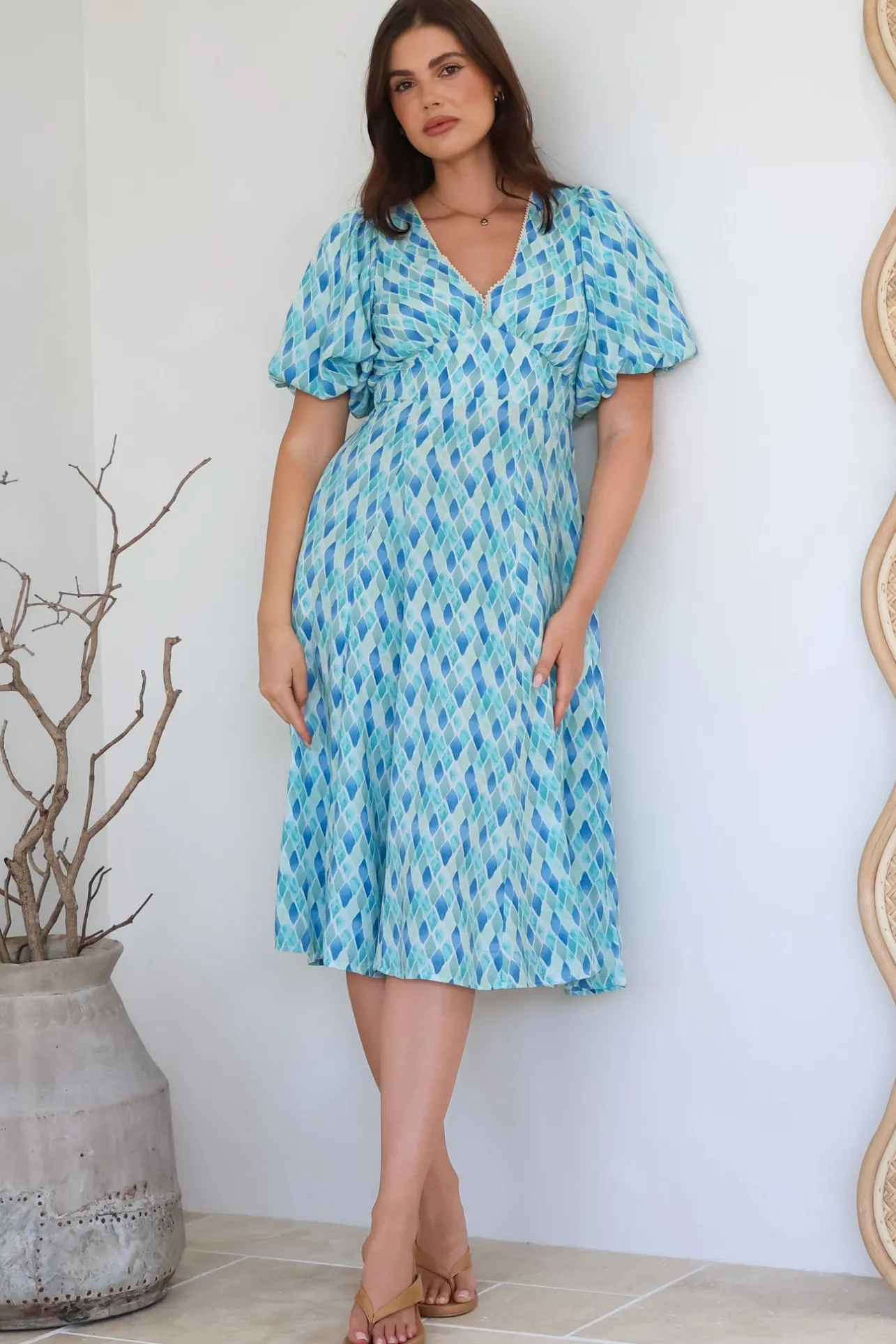 Irisa Midi Dress - Lace Trim V-Neck A-Line Dress with Balloon Sleeves in Pasha Print>Salty Crush Discount