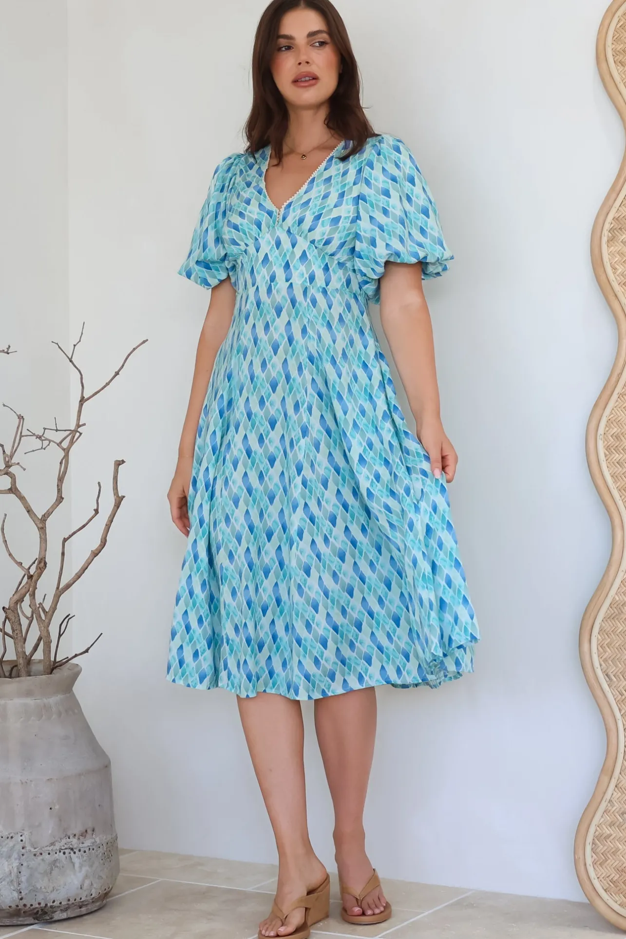 Irisa Midi Dress - Lace Trim V-Neck A-Line Dress with Balloon Sleeves in Pasha Print>Salty Crush Discount