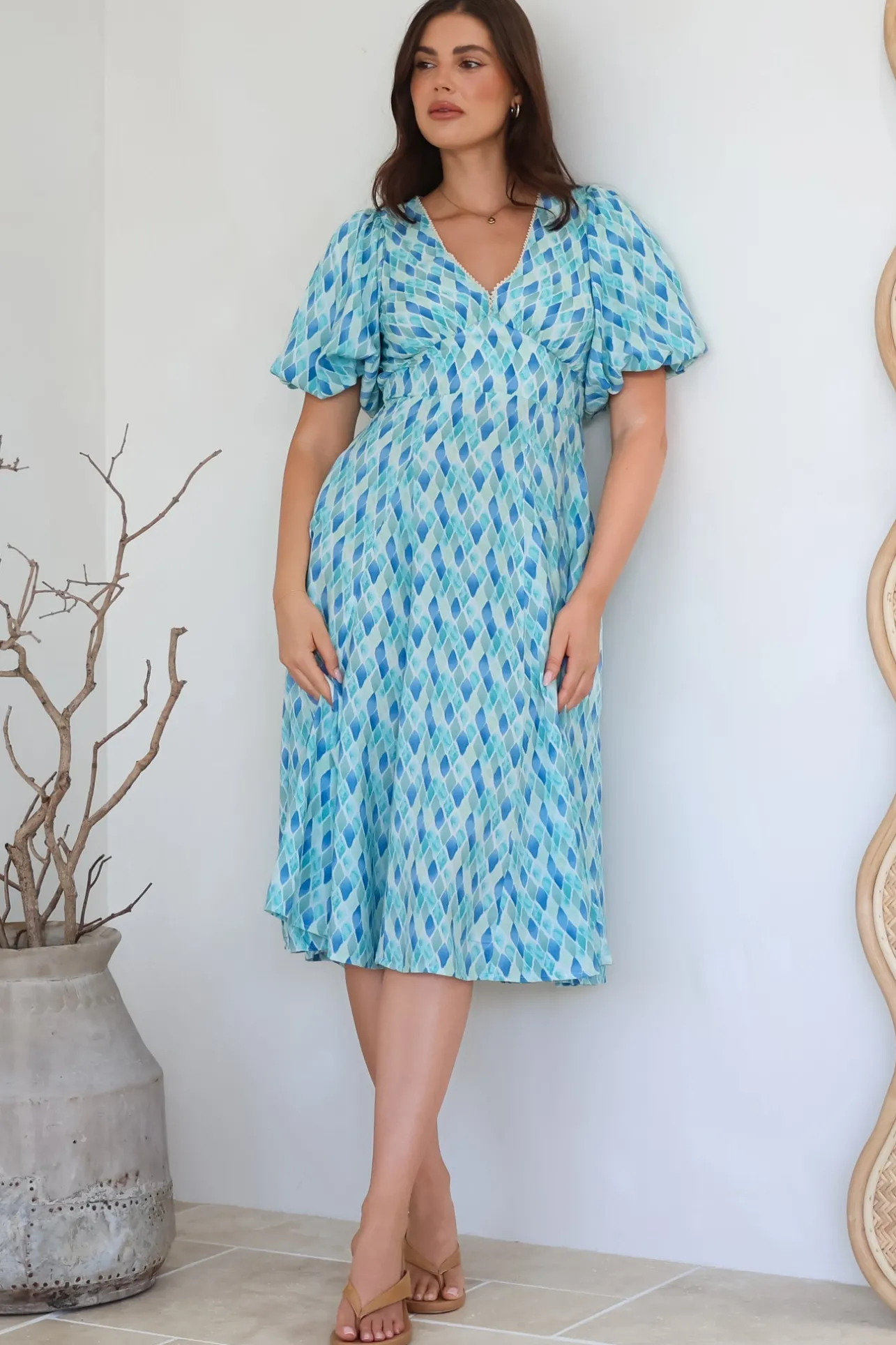 Irisa Midi Dress - Lace Trim V-Neck A-Line Dress with Balloon Sleeves in Pasha Print>Salty Crush Discount