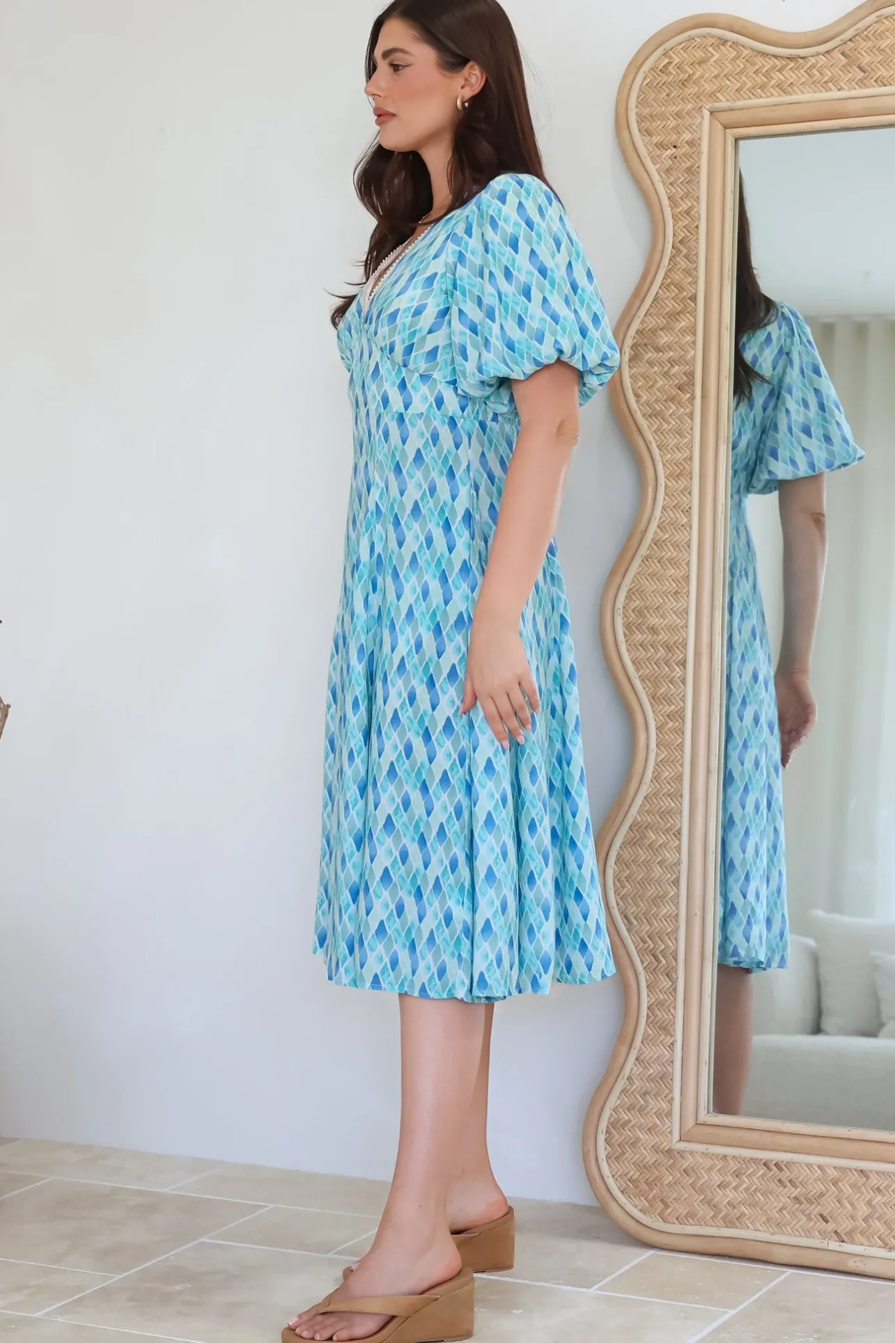 Irisa Midi Dress - Lace Trim V-Neck A-Line Dress with Balloon Sleeves in Pasha Print>Salty Crush Discount