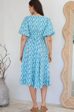 Irisa Midi Dress - Lace Trim V-Neck A-Line Dress with Balloon Sleeves in Pasha Print><noscript><img width=
