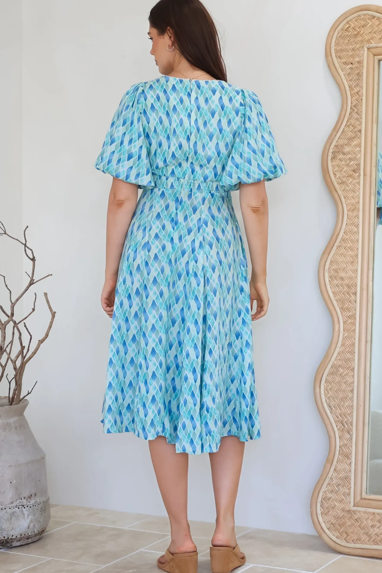 Irisa Midi Dress - Lace Trim V-Neck A-Line Dress with Balloon Sleeves in Pasha Print>Salty Crush Discount