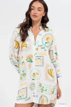 Isadora Mini Dress - Collared Button-Down Shirt Dress with Wide Sleeves in Limone Print>Salty Crush Clearance