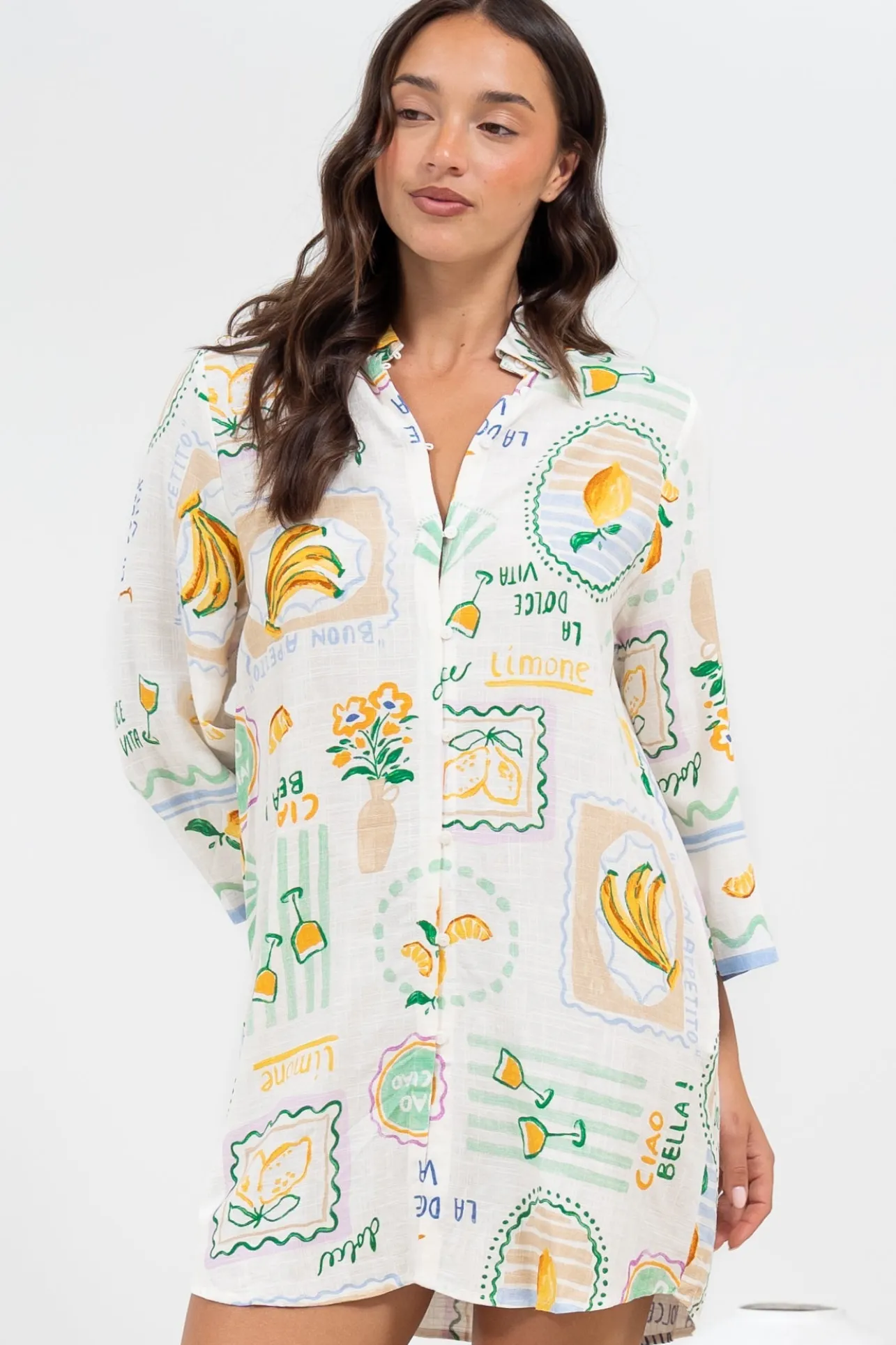 Isadora Mini Dress - Collared Button-Down Shirt Dress with Wide Sleeves in Limone Print>Salty Crush Clearance