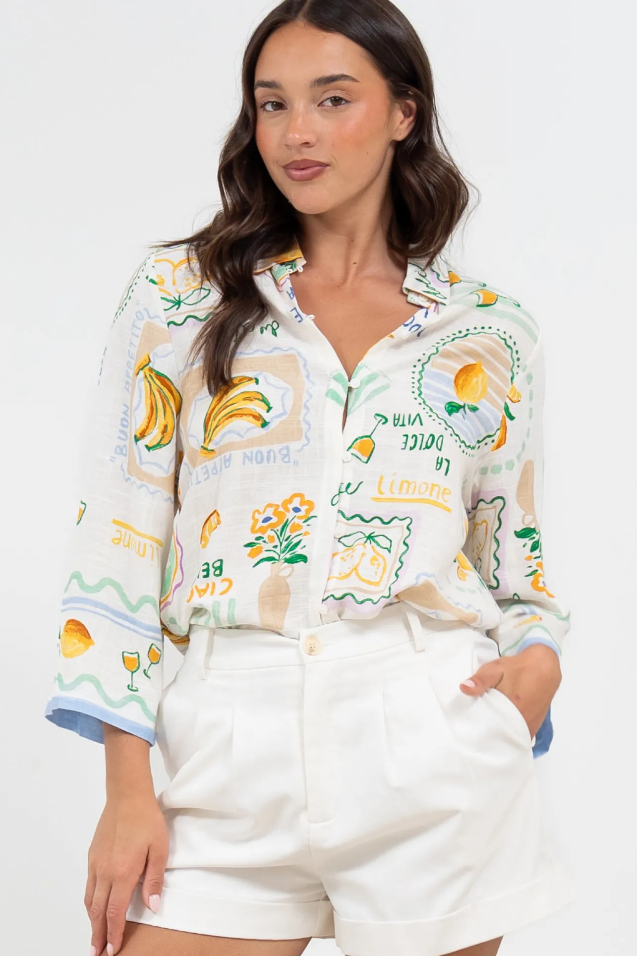 Isadora Mini Dress - Collared Button-Down Shirt Dress with Wide Sleeves in Limone Print>Salty Crush Clearance